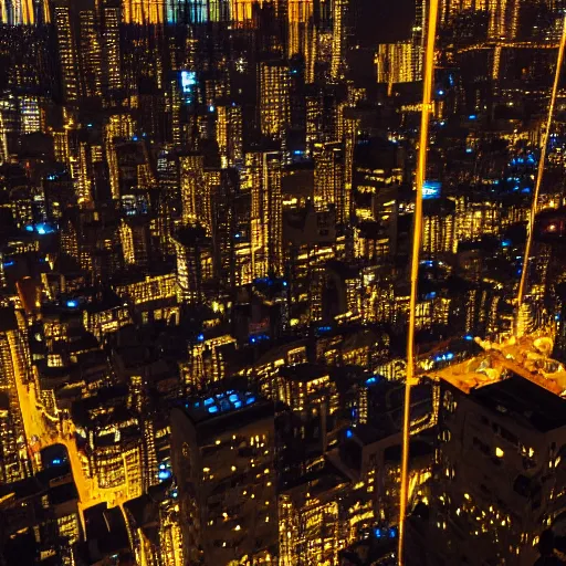 Image similar to Birds eye view of a metropolis at night, rectangular city grid with narrow streets, tall brutalist architecture buildings, city lights spilling upwards above the top of the buildings,