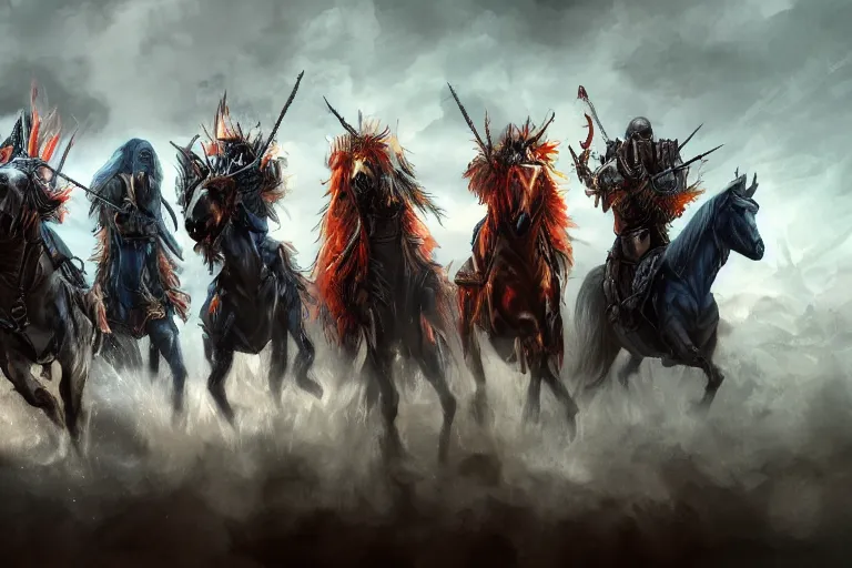 Prompt: the four horsemen of the apocalypse, digital painting, mixed media, trending on artstation and deviantart, epic composition, magnum opus, highly detailed, 8 k