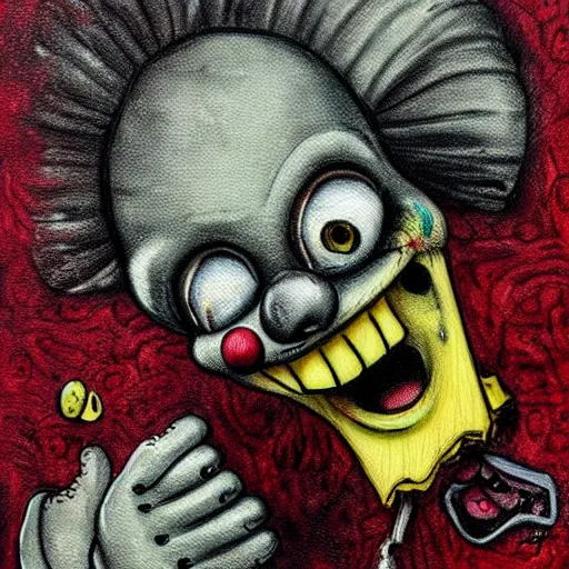 Image similar to grunge painting of spongebob with a wide smile and a red balloon by chris leib, loony toons style, pennywise style, corpse bride style, horror theme, detailed, elegant, intricate