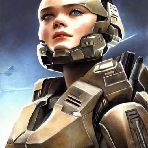 Image similar to ultra realistic portrait painting of elle fanning in halo odst, art by frank frazetta, 4 k, ultra realistic, highly detailed, epic lighting