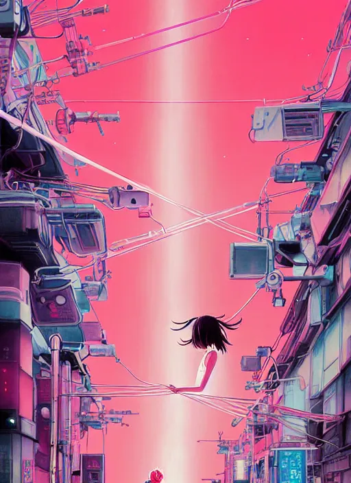 Prompt: a movie poster for a film based on the song Yoshimi battles the pink robots, part 1. by the band the flaming lips; artwork by Hiyao Miyazaki and studio Ghibli; a Japanese girl is fighting a gigantic evil Pink Robot in an alley in Tokyo; incredibly detailed artwork by James jean, Phil noto, Jon Foster, studio Ghibli