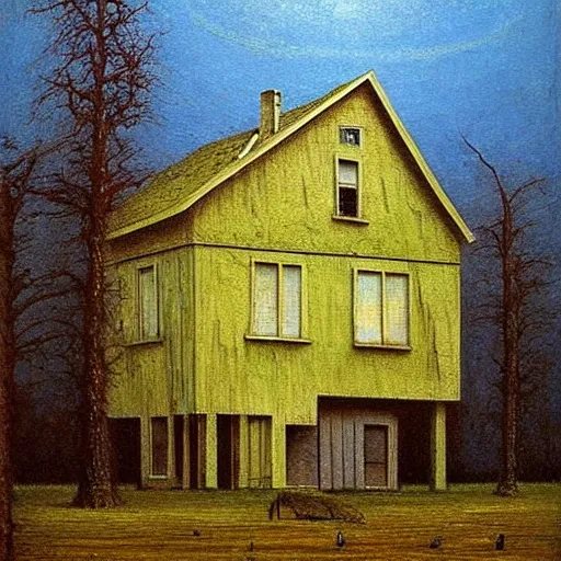 Image similar to An American house on a field with a skinwalker hidden oil painting in style of Zdislaw Beksinski