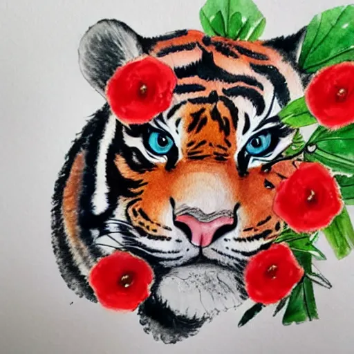 Prompt: low angle watercolor drawing on paper, a curious baby tiger with big eyes smelling a red flower, curly tail, cute, watercolor, kawaii, wide angle shot, full shot, illustration, white background, very detailed, high quality, anime style