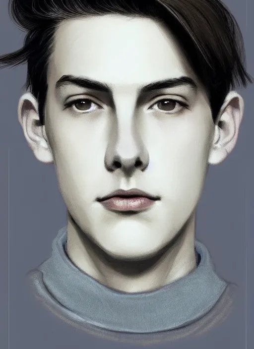 Image similar to portrait of teenage jughead jones wearing a light grey crown, crown, blue turtleneck, 1 9 5 0 s, closed eyes, photorealistic, black hair, glowing lighting, intricate, elegant, glowing lights, highly detailed, digital painting, artstation, concept art, smooth, sharp focus, illustration, art by wlop, mars ravelo and greg rutkowski