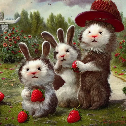 Prompt: fluffy brown, black, white bunnies playing in the strawberry garden, lowbrow, matte painting, 3 - d highly detailed, style of greg simkins