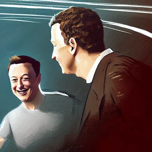 Image similar to cell shaded illustration of a meeting between elon musk, mark zuckerberg, jeff bezos, very detailled, by artgem, greg rutkowski