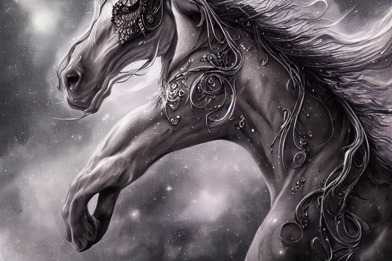 Image similar to a wlop 3 d render of very very very very highly detailed beautiful mystic portrait of a phantom undead horse with whirling galaxy around, tattoos by anton pieck, intricate, extremely detailed, digital painting, artstation, concept art, smooth, sharp focus, illustration, intimidating lighting, incredible art,