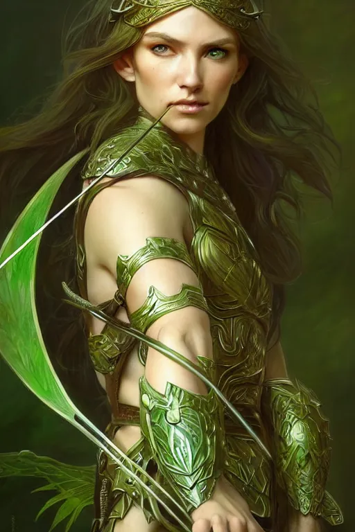 Image similar to male elven Archer armor made of green leaves, fantasy, amber eyes, face, long hair, intricate, elegant, highly detailed, digital painting, artstation, concept art, smooth, sharp focus, illustration, art by artgerm and greg rutkowski and alphonse mucha