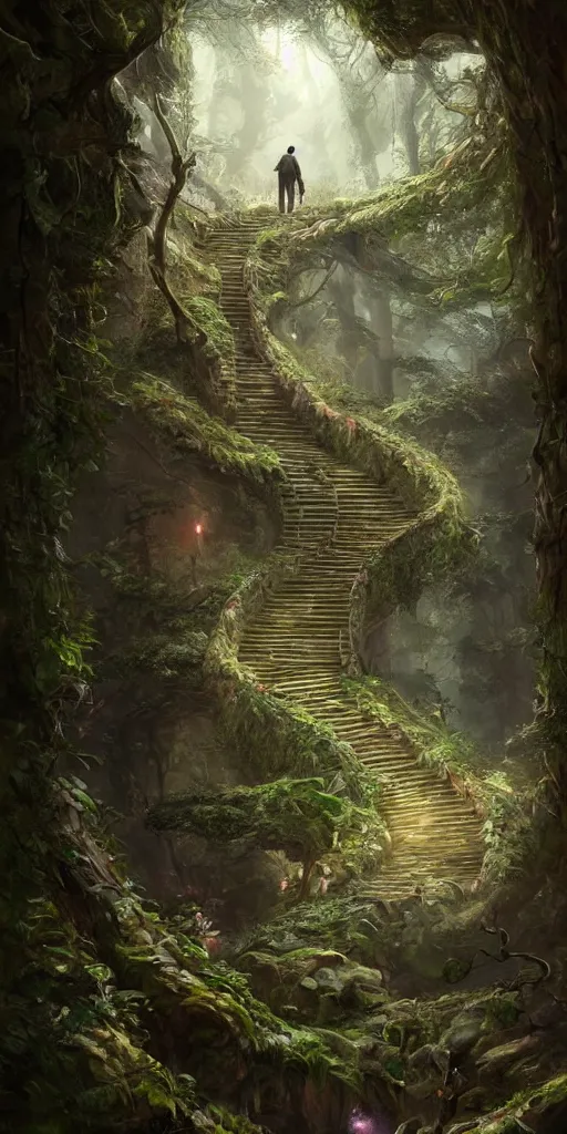 Image similar to a man walking up a steep and winding staircase, in magical woods, intricate, elegant, highly detailed, unreal engine, artstation, concept art, sharp focus, beautiful illustration, society, by justin gerard and artgerm, 8 k