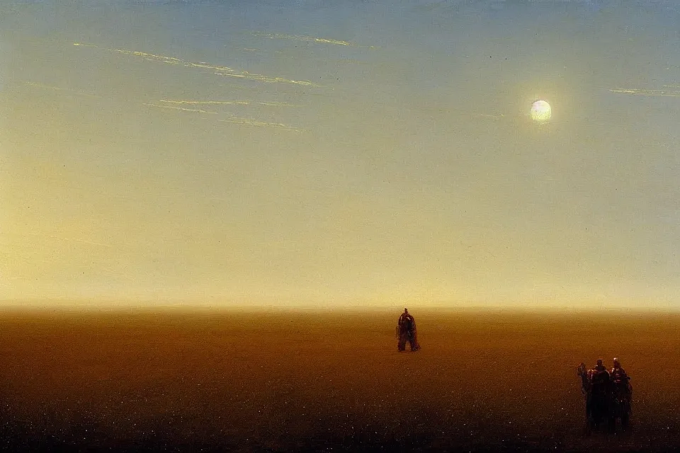 Image similar to sci-fi painting of the closed back view of one humanoid robot on the ground, a large distant alien city, vast wheat fields, by Ivan Aivazovsky, godrays, atmospheric, cinematic, detailed