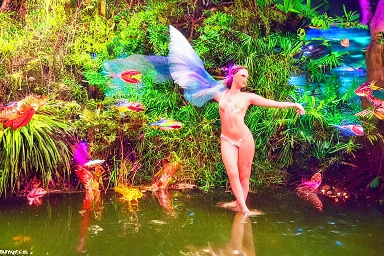 Image similar to ethereal glowing goddess dancing on a pond in the jungle surrounded by colorful glowing flying fish at night cinematic by Ridley Scott