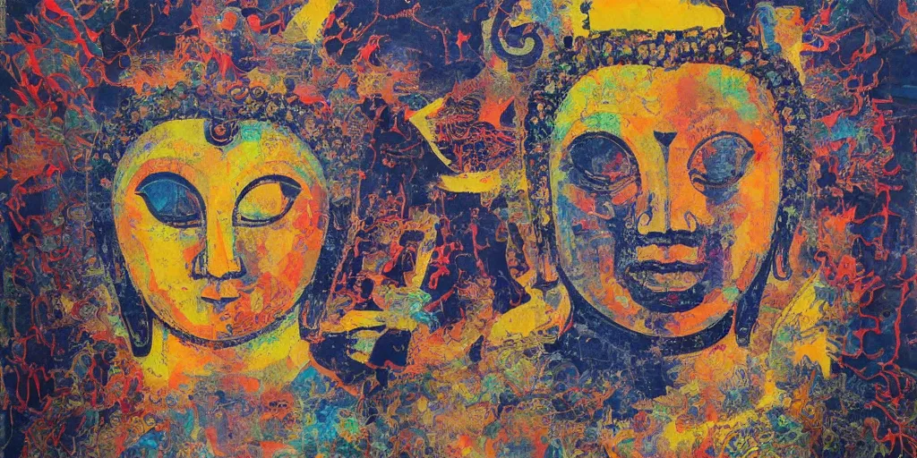 Image similar to buddhist, collage, acrylic on canvas, expressionism movement, breathtaking detailed, by blake neubert