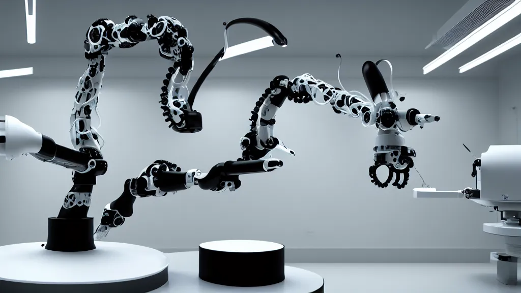 Image similar to a complex bifurcated robotic cnc surgical arm hybrid mri 3 d printer machine making swirling black and white ceramic mandlebulb mutant forms in the laboratory inspection room, film still from the movie directed by denis villeneuve with art direction by salvador dali, wide lens, f 3 2, cinematic lighting, studio quality, smooth render, unreal engine 5 rendered, octane rendered