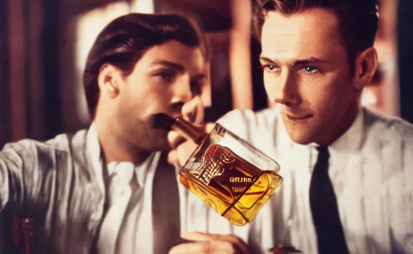 Image similar to color photo of a photomodel handsome man drinking whiskey 8 0's style