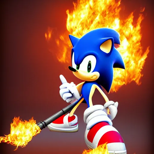 Image similar to Sonic the hedgehog with a flamethrower, award winning photograph, digital art, powerful flamethrower