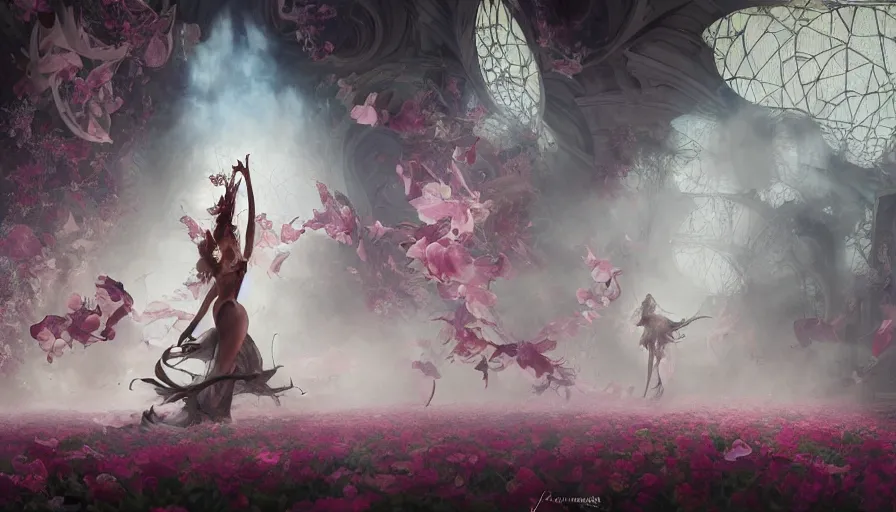 Image similar to victoria secret runway show, light, shadows, reflections, flowers, epic composition, intricate, elegant, volumetric lighting, digital painting, highly detailed, artstation, sharp focus, illustration, concept art, ruan jia, james jean, peter mohrbacher, steve mccurry, raymond swanland, peter andrew jones, greg rutkowski, concept art, iconic