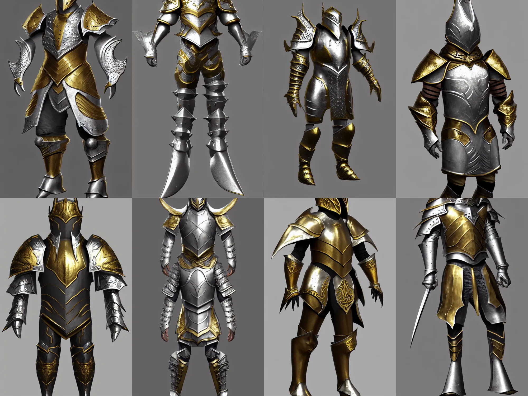 Prompt: render of awesome oversized fantasy armor, silver with gold trim, medieval fantasy, extremely clean, unusual character concept art, trending on Artstation