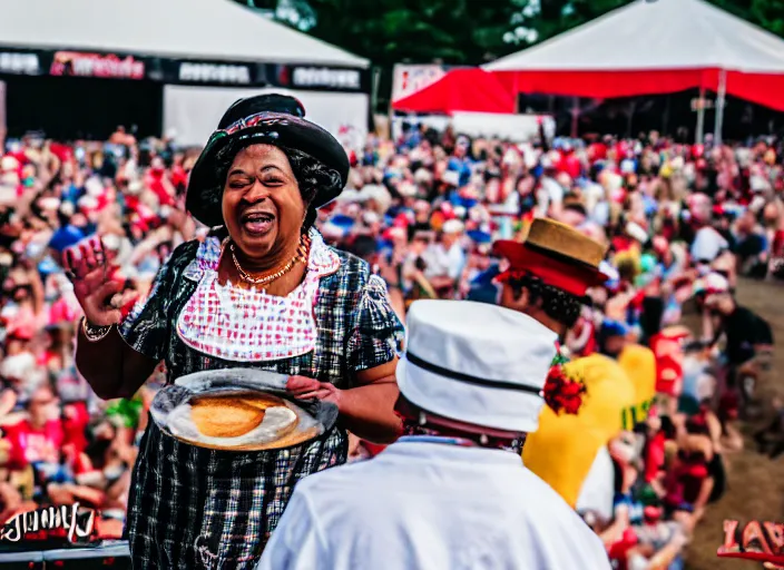 Image similar to photo still of aunt jemima in period attire at vans warped tour!!!!!!!! at age 4 0 years old 4 0 years of age!!!!!!! on stage throwing pancakes to the crowd, 8 k, 8 5 mm f 1. 8, studio lighting, rim light, right side key light