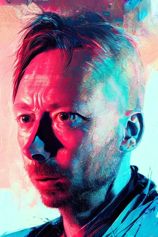 Image similar to A portrait of Thom Yorke as a cyberpunk, iridescent highlights, background of digital greebles, highly detailed, intricate, soft, sci-fi, sharp focus, glowing lines, art by Ruan Jia and Moebius