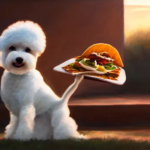 Prompt: a photorealistic oil painting of cute bichon frise eating tacos during sunset Trending on Artstation, featured on Behance, well-rendered, Unreal Engine, 4K HD