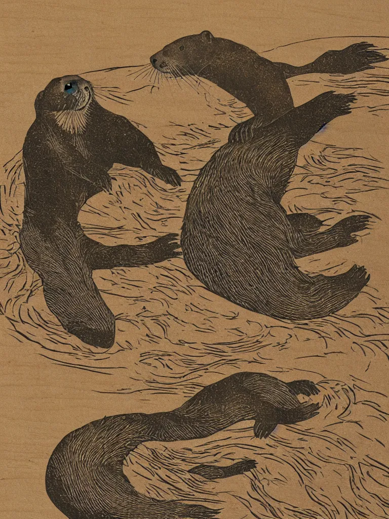 Prompt: print of an otter, Japanese wood cut