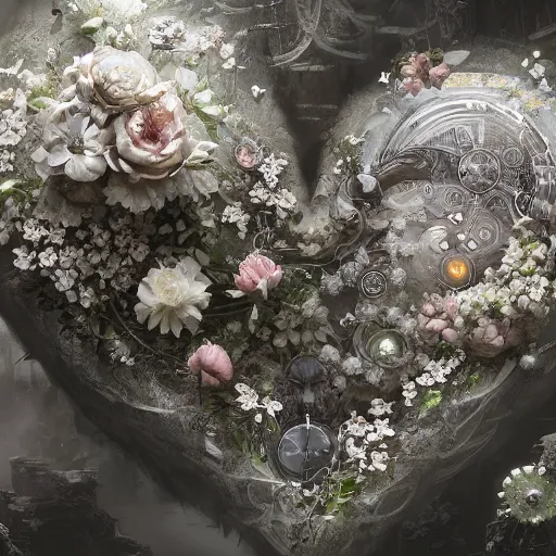 Prompt: biocomputer heart with white biocomputer flowers and biomechanical flowers, intricate environment, matte painting, diffused lighting, highly detailed cinematic, epic composition, highly detailed, atmospheric, wide angle, artstation trending