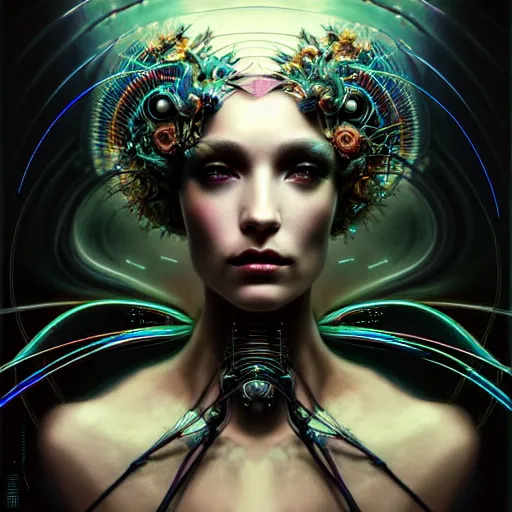 Image similar to extremely psychedelic beautiful cyborg queen of virus infected by night. intricate, elegant, highly detailed, extremely lifelike photorealistic digital painting, artstation. steichen, gaston bussiere, tom bagshaw, cyberpunk alphonse mucha. elegant minimalism. anatomically correct. sultry. sharp focus. black, white. surreal lush hallucination