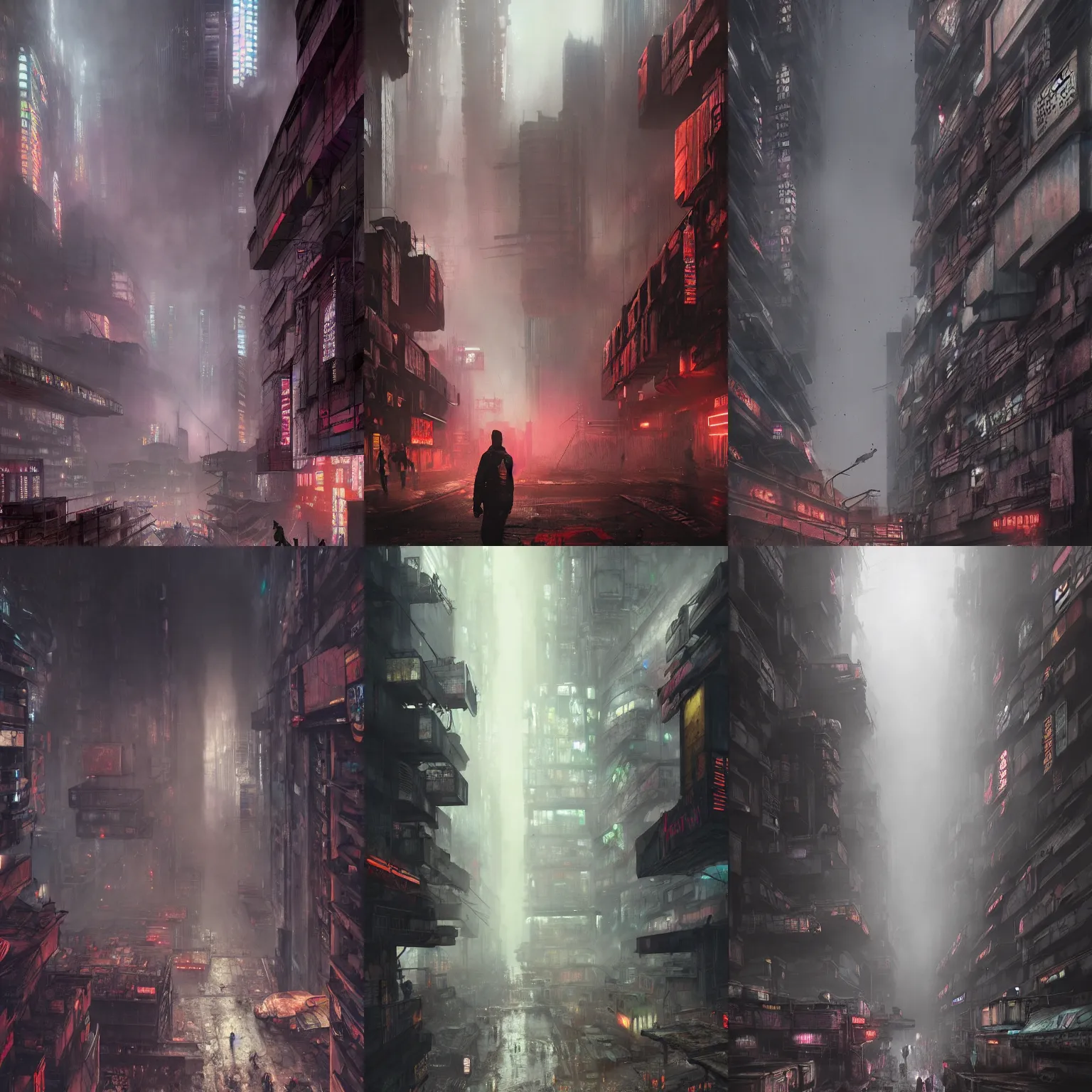 Prompt: a brutalist cyberpunk undercity slum, looking up, mist and smoke, crowded and dirty, neon lights and adds, architecture, a realistic digital painting by greg rutkowski and james gurney, trending on artstation, very highly detailed, 8 k