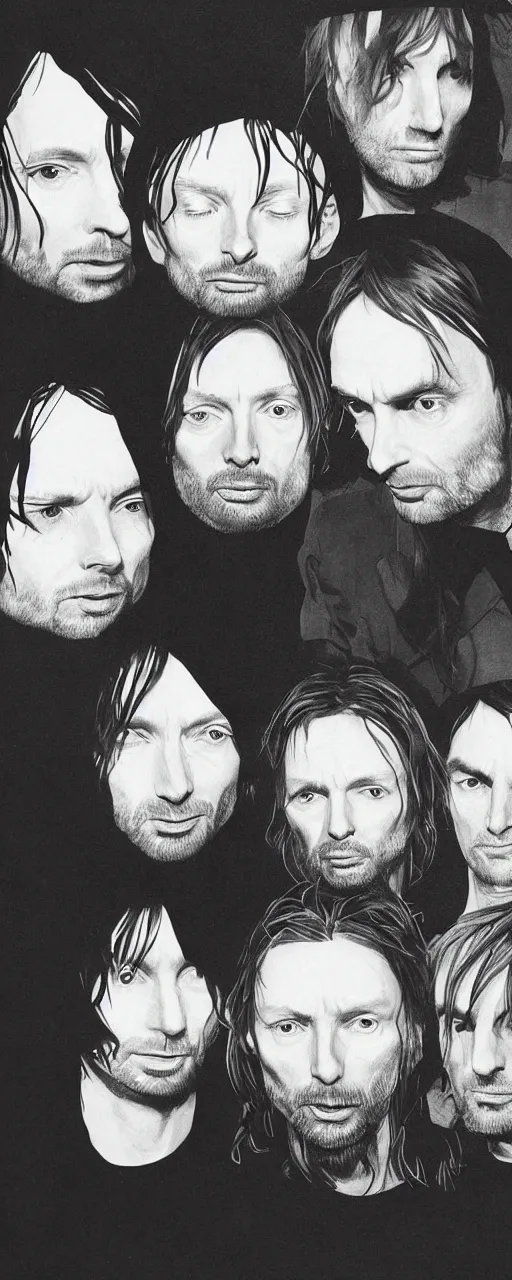 Image similar to disco diffusion portrait of Thom Yorke, Jonny Greenwood, Ed O'Brien, Colin Greenwood, Philip Selway, hiding in the bushes looking shifty