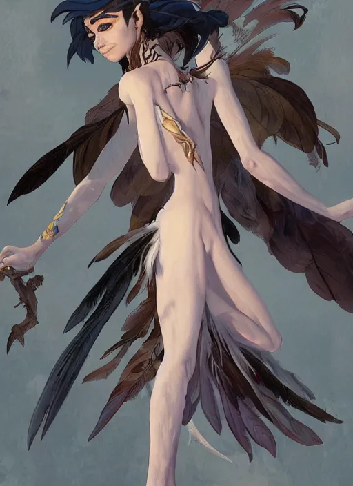 Prompt: concept art painting of an androgynous harpy person with black feathers, pirate clothes, detailed, realistic, cel shaded, in the style of makoto shinkai and james gurney and alphonse mucha and greg rutkowski and artgerm