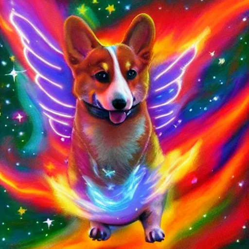 Prompt: a corgi with wings of fire flying through the galaxy, psychedelic