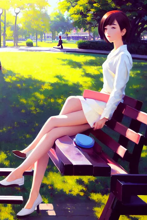 Prompt: A ultradetailed beautiful panting of a stylish girl siting on a park bench, bright sunny day, Oil painting, by Ilya Kuvshinov, Greg Rutkowski and Makoto Shinkai