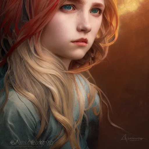 Image similar to portrait of a young girl with blond twin tail hair and red eyes, ultra realistic, concept art, intricate details, eerie, highly detailed, photorealistic, octane render, 8 k, unreal engine. art by artgerm and greg rutkowski and alphonse mucha