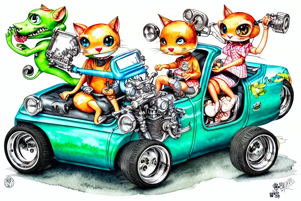 Prompt: cute and funny, margay riding in a tiny street rod with oversized engine, ratfink style by ed roth, centered award winning watercolor pen illustration, isometric illustration by chihiro iwasaki, edited by range murata, tiny details by artgerm and watercolor girl, symmetrically isometrically centered