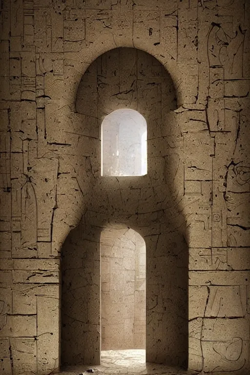 Prompt: a doorway in a stone building with a light coming through it, a marble sculpture by matthias jung, ahmed karahisari and daniel merriam, dartksynth egyptian art, featured on pinterest, gothic art, marble sculpture, reimagined by industrial light and magic, intricate