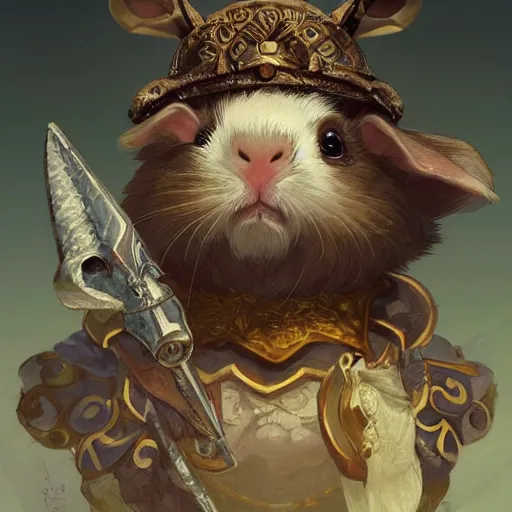 Image similar to A heraldic Prince Guinea Pig with big cute eyes, D&D, fantasy, intricate, cinematic lighting, highly detailed, digital painting, artstation, concept art, smooth, sharp focus, illustration, art by Akihiko Yoshida, Greg Rutkowski and Alphonse Mucha