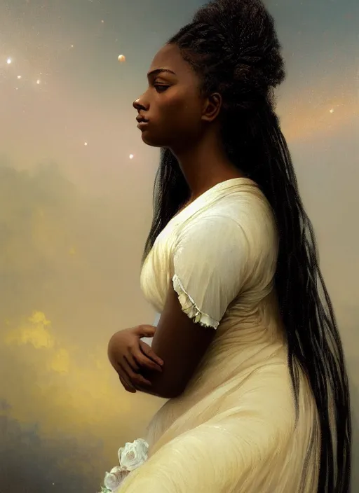 Prompt: oil painting close up portrait of a contemplative young black woman with long flowing hair in a dress made of nebular stardust galaxies, with white roses at sunset, hazy, digital art, chiaroscuro, artstation, cinematic, golden hour, concept art, digital art painting by greg rutkowski, william - adolphe bouguereau, hazy atmosphere, cinematic lighting