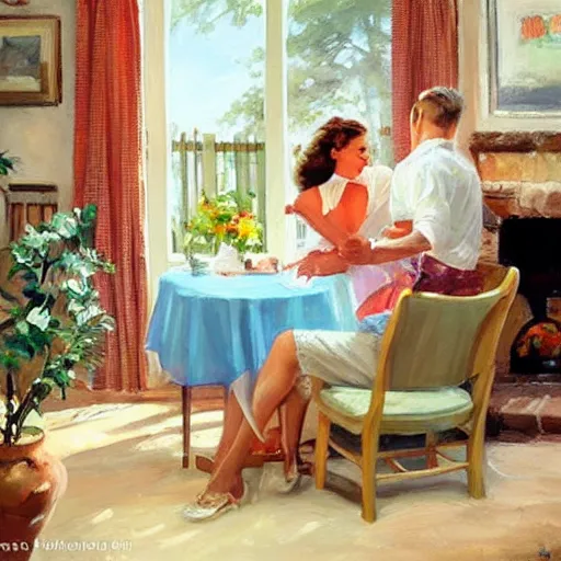 Image similar to 1950s Americana, domestic scene, family, romantic, inviting, cozy, painting Vladimir Volegov