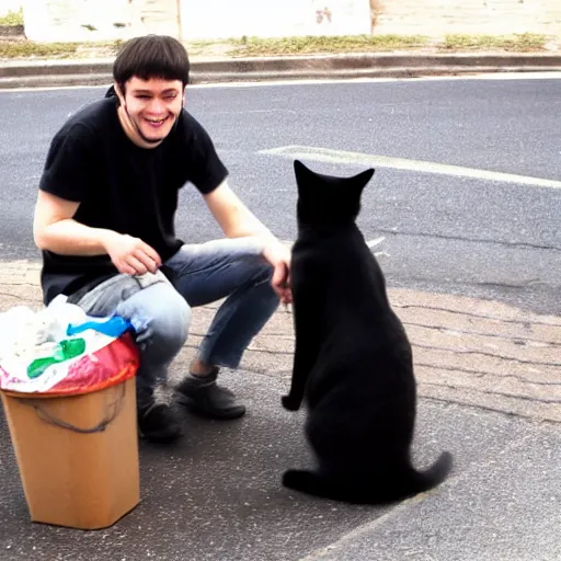 Image similar to Action photo of a happy guy wearing black casual clothes in his late 20's holding a skinny tabby cat next to a garbage dumpster