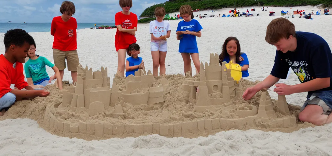 Image similar to robots building 1:1 scale sandcastles at the beach