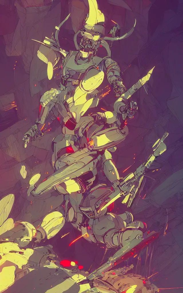 Prompt: anthropomorphic rabbit robot with human characteristics holding daggers, in a futuristic arena, digital art, epic composition, fantasy cyberpunk, explosion of color, highly detailed, in the style of jakub rebelka artstation, in the style of jake parker, in the style of conrad roset, swirly vibrant colors, sharp focus