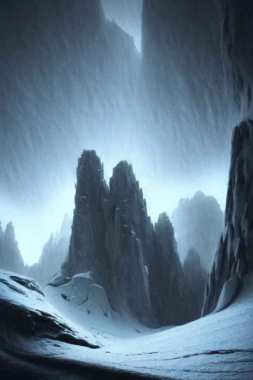 Image similar to futuristic atmosphere in the snowy mountains dolomites 3 d concept art, cinematic lighting, mouth of a cave, rule of thirds, depth of field, intricate details, building by zaha hadid, stormy weather, emissary space by arthur haas and bruce pennington and john schoenherr, cinematic matte painting, dark moody monochrome colors, trending on artstation, featured on behance