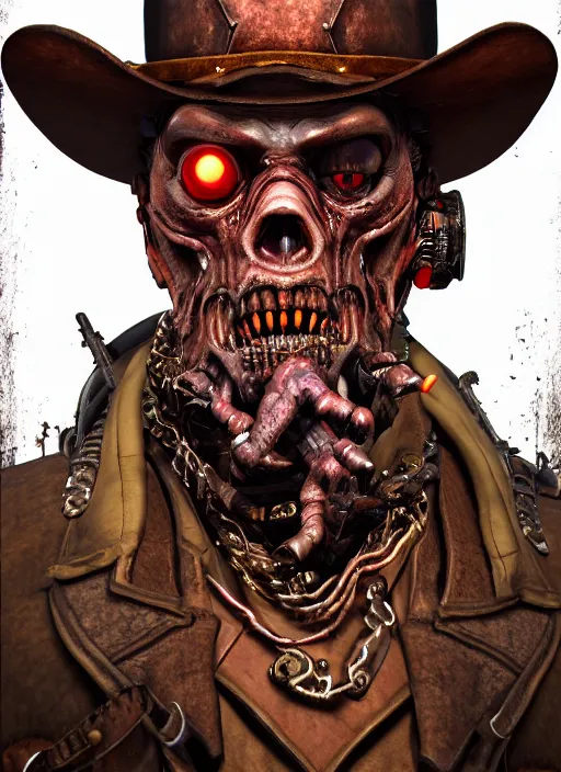 Image similar to steampunk portrait of zombie devil from doom, au naturel, hyper detailed, digital art, trending in artstation, cinematic lighting, studio quality, smooth render, unreal engine 5 rendered, octane rendered, art style by pixar dreamworks warner bros disney riot red dead redemption far cry doom games and borderlands.