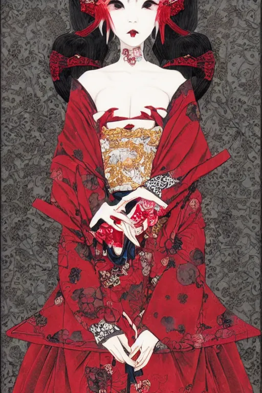 Image similar to avant - garde japanese bjd geisha vampire queen in victorian red dress in the style of dark - fantasy lolita fashion painted by yoshitaka amano, takato yamamoto, james jean, dmt art, symmetrical vogue face portrait, volumetrics, intricate detail, artstation, cgsociety, artgerm, gold skulls, rococo