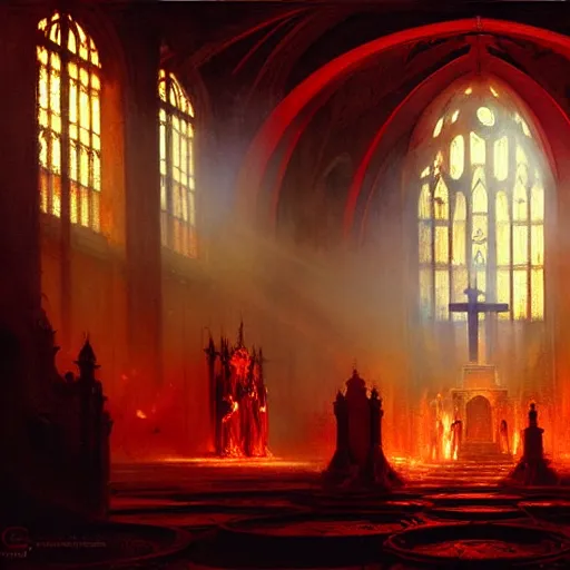 Image similar to a chapel's ceiling is broken in half as a red magical portal from hell opens up there and demons with lucifer start pouring in. highly detailed painting by gaston bussiere, greg rutkowski, craig mullins 8 k