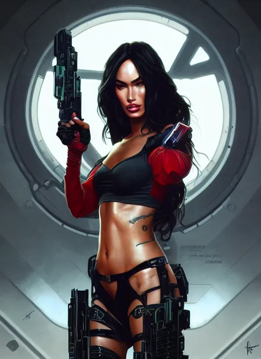 Image similar to portrait of megan fox as v, cyberpunk, gun, science fiction, cd project red, intrigante, headshot, highly detailed, digital painting, artstation, concept art, sharp focus, cinematic lighting, illustration, art by artgerm and greg rutkowski, alphonse mucha, cgsociety