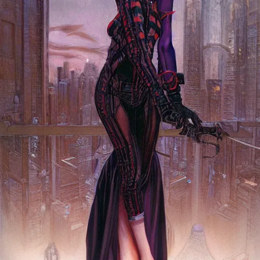 Image similar to portrait of an urban female vampire, with an unusual sense of fashion, by donato giancola.