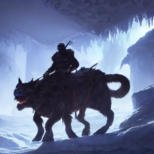 Image similar to riding the warcat into the deep ice cave. melancholy undertones, high fantasy art official contest submission greg rutkowski emissive lighting 3 8 4 0