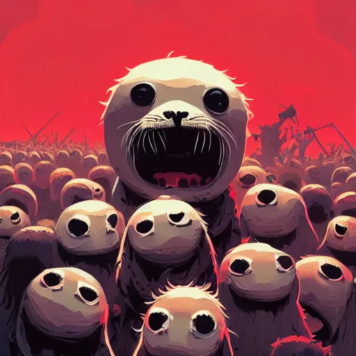 Prompt: highly detailed metal album cover featuring a white baby seal muppet in a mosh pit by atey ghailan, by greg rutkowski, by greg tocchini, by james gilleard, by joe fenton, by kaethe butcher