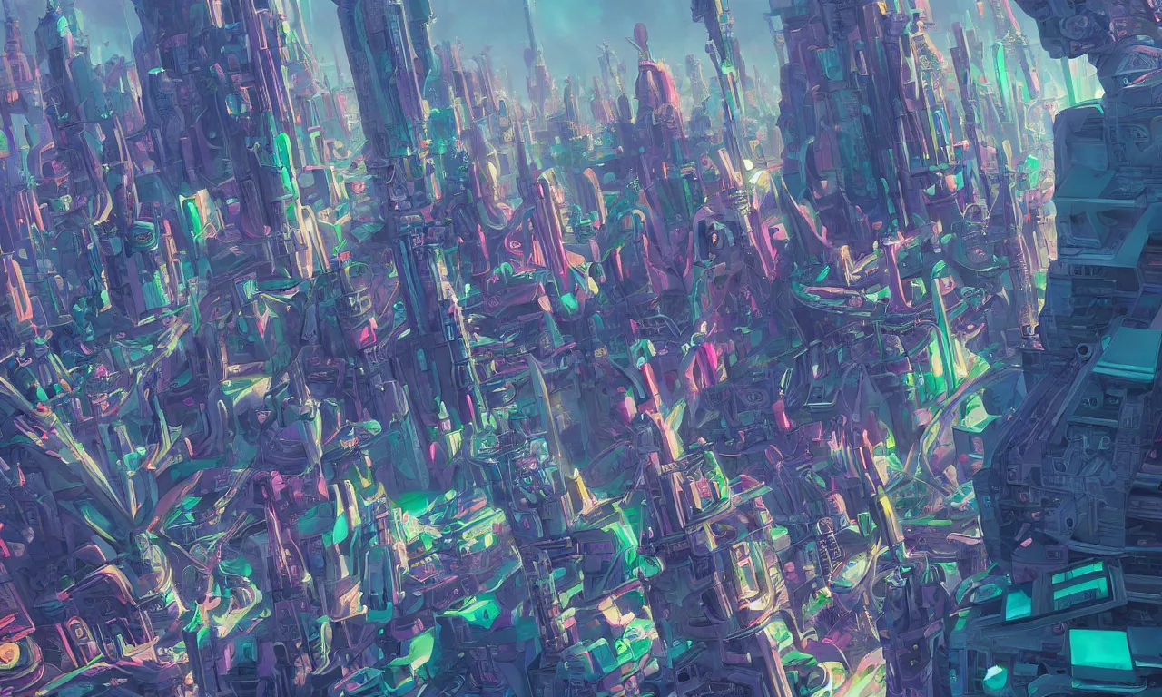 Image similar to futuristic city, illustration painting, oil on canvas, intricate, portrait, detailed illustration, hd, digital art, overdetailed art, concept art, complementing colors, detailed, illustration painting by alex gray, digital art, overdetailed art, concept art, complementing colors rendered by beeple, syd meade